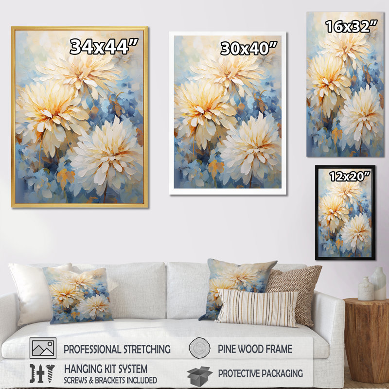 «Simplicity Mums Bloom» en beige et bleu estompé sur toile, Cadre simple blanc, H 20 po x l 12 po x P 1 po