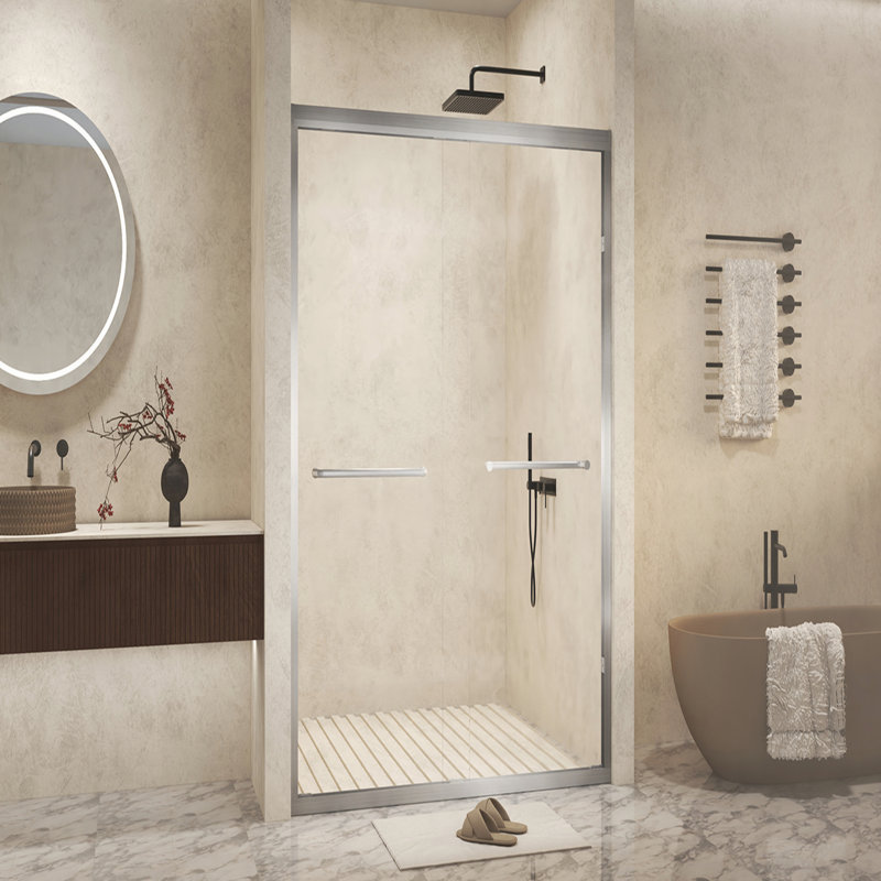 56-60 " x 72" Tempered Glass with Explosion Proof Film, Aluminum Frame Double Sliding Shower Door, "1/4 (6 mm), Stainless Steel handle,Brushed Nickel