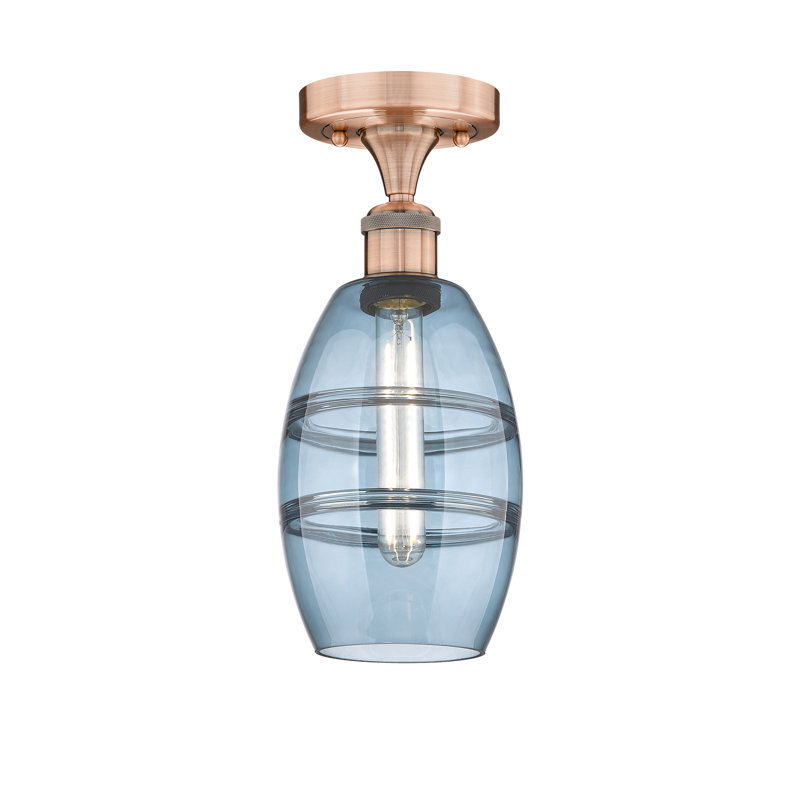 Plafonnier semi-encastré 1 lumière Edison - Abiagael, Bleu princesse, H 8,25 po x l 5,88 po x P 5,88 po, Cuivre antique