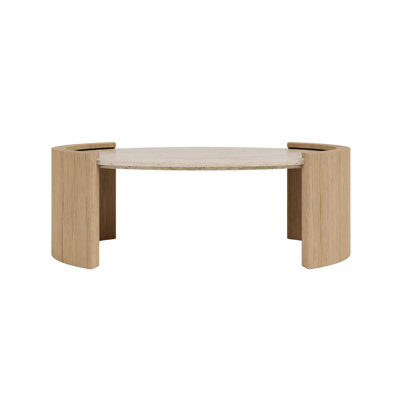 Table basse ovale en travertin de 43 po avec plateau en pierre de travertin de style japonais 43 po avec surface en pierre beige naturelle et base en bois d'ingénierie pour le salon et la salle de séjour