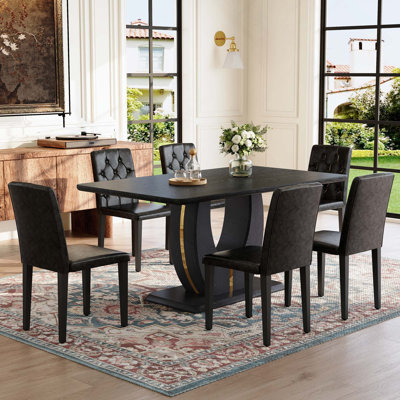7PCS Wood Grain Dining Table Set, 63" Modern MDF Dining Table With 6 PU Chairs With Decorative Buckle Design On The Backrest