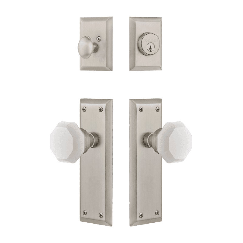 Ensemble d'entrée Nostalgic Warehouse New York avec poignée en cristal Waldorf blanc, Nickel satiné, 2.375
