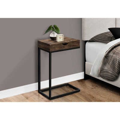 Table de bout moderne avec rangement, plateau en stratifié brun et support en métal noir