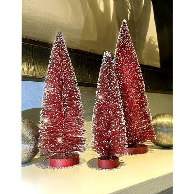 Set of 3 Sparkling Red Bottle Brush Christmas Trees with Snowy White Tips and Wooden Bases for Holiday Tabletop and Mantel Decor