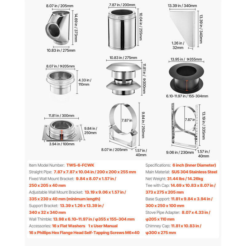 External Chimney Kit External with Windproof Cap Wall Bracket Roof