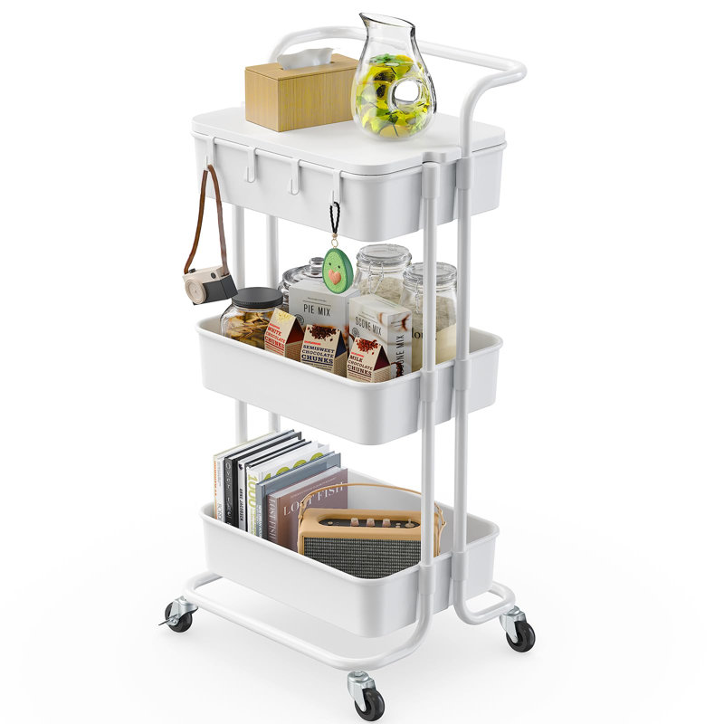 White 3-Tier Rolling Utility Cart with Table Top and Hooks