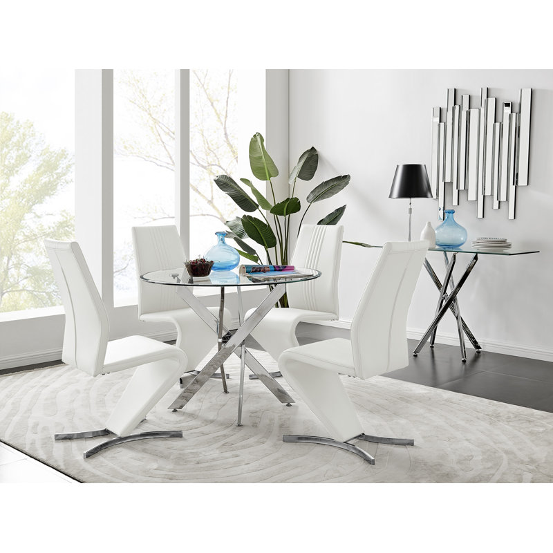 Tierra Modern Chrome Metal & Glass Round Dining Table Set with 4 Modern Design Faux Leather Chairs, White