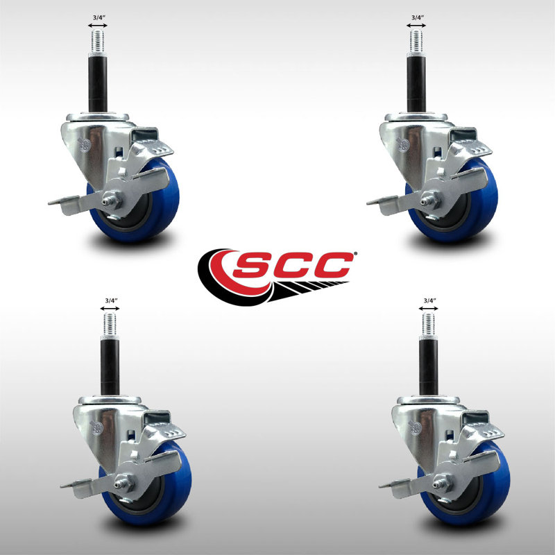 Ensemble de roulettes extensibles pivotantes en polyéthylène 3 pouces 3 pouces avec frein SCC, Bleu