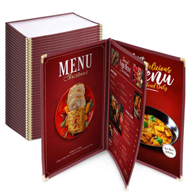 WeChef 30 Pack Restaurant Menu Covers 8.5 x 14" Book Style 3 Pages 6 Views PVC Transparent Restaurant Menu Holder Book Cafe Hotel Bar Burgundy