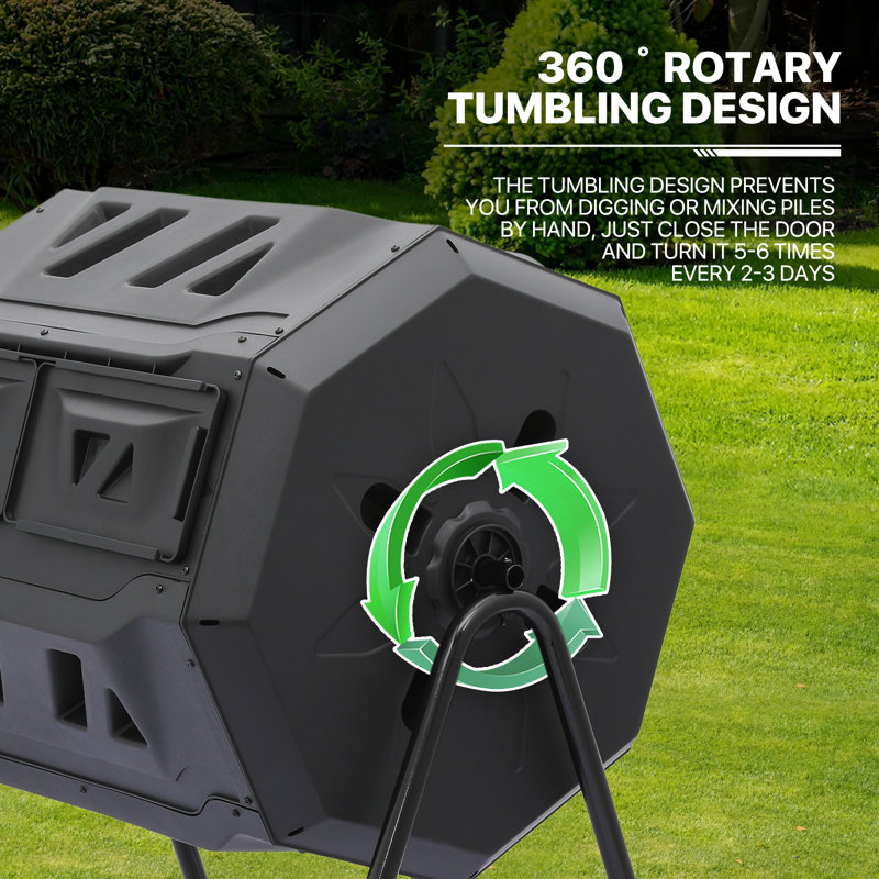 43 Gallon Black Dual Chamber Rotating Compost Tumbler with Gloves