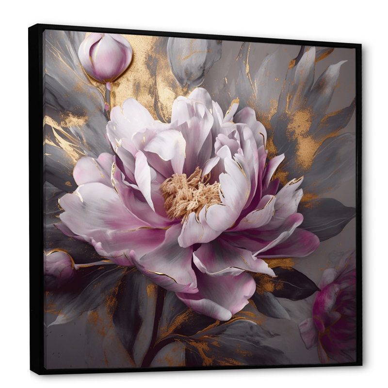 Pivoines roses et grises en fleurs - impression, H 36 po x l 36 po x P 1,5 po, Cadre flottant noir