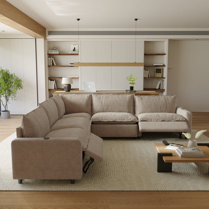 Moncada 5-Piece Modular Linen Power Reclining Sectional Sofa With Zero-Gravity And Heated Seats, Khaki Linen