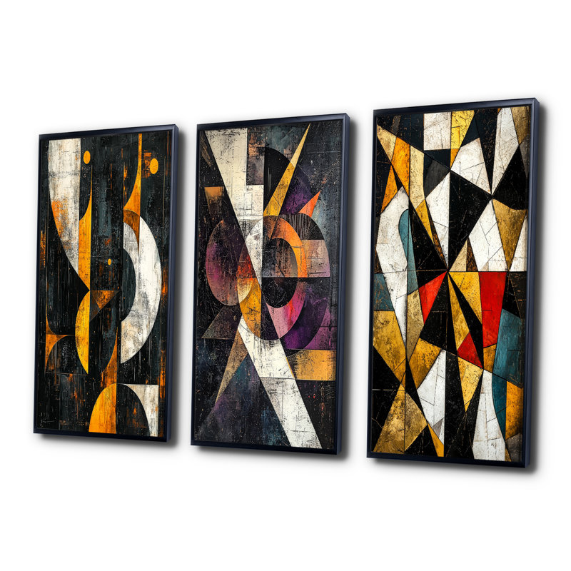 Fragment Abstract Shapes I - Modern Large Wall Art 3 Panels Collection, H 32 po x l 48 po, Impression encadrée flottante