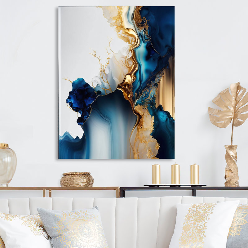 Décoration murale abstraite géométrique en marbre doré et bleu I - marbre abstrait, H 20 po x l 12 po