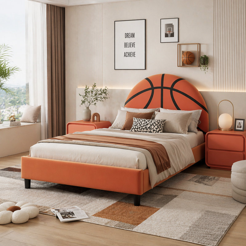 Lit plateforme tapissier simple pour enfants, Sans garde-corps, Orange