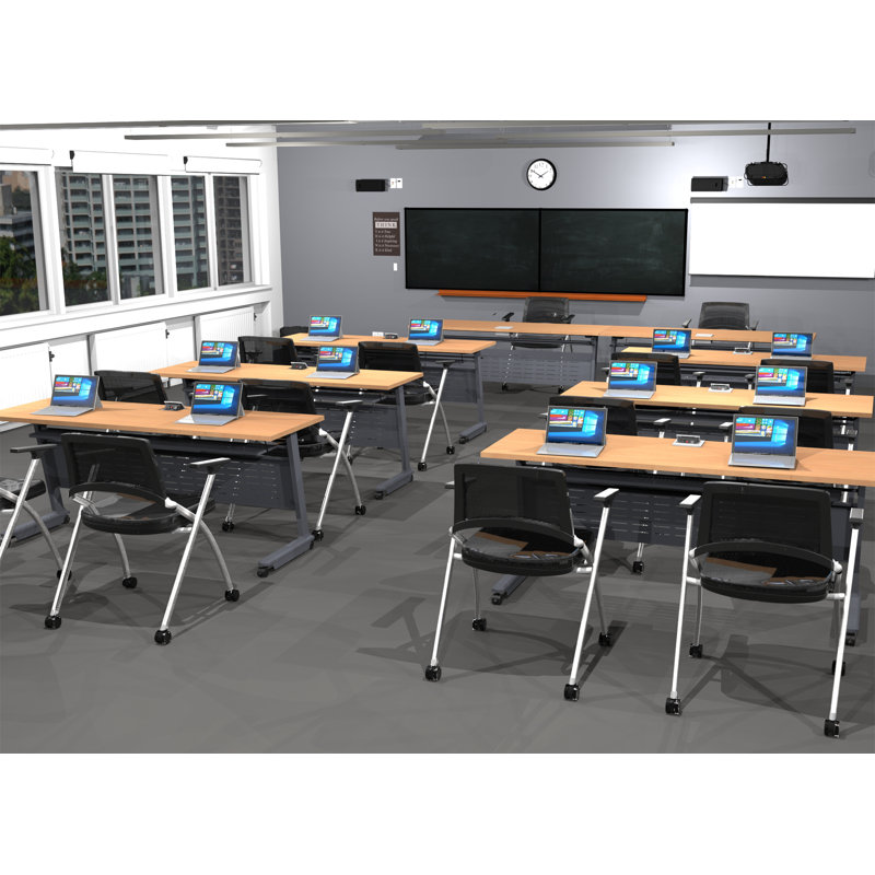 Tables Training Meeting Seminar Classroom 8Pc Beech Folding Industrial Caster Z-Base. Tables Connect.  Modesty Panel, Shelf, Power+Usb Outlet. Fold+Nest For Storage (Seating Not Included).