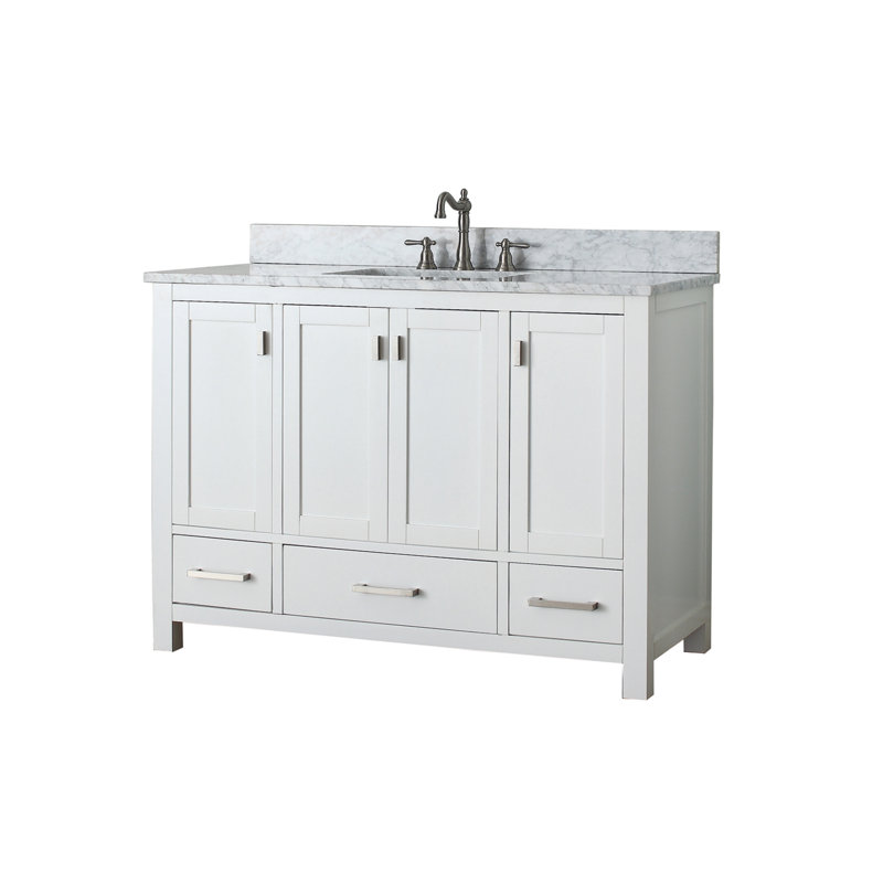 Modero 48" Single Bathroom Vanity with Top, Carrera White Marble, White, Brushed Nickel