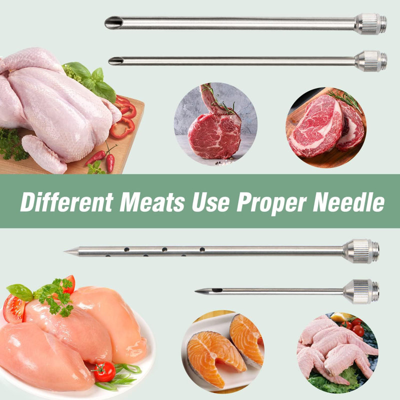 Ensemble d'injecteur de viande en acier inoxydable - 4 aiguilles anti-colmatage, piston amélioré + brosses de nettoyage / joints toriques pour la dinde / barbecue