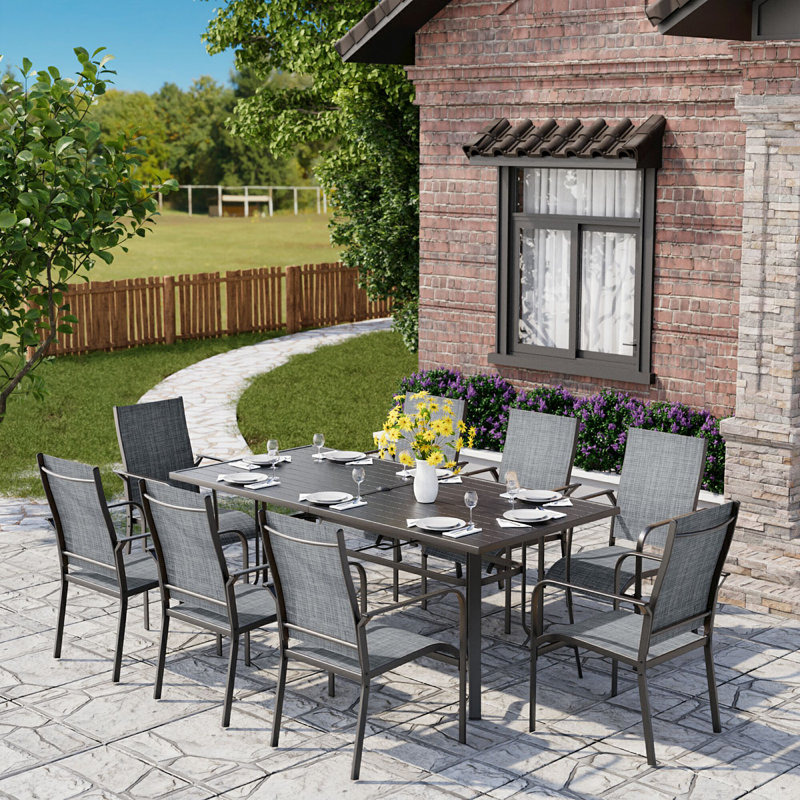 Ensemble de salle à manger de patio 9 pièces, ensemble de table et chaises d'extérieur pour 8, 8 chaises en textilène, 1 table rectangulaire en fer avec trou de parasol réglable, ensemble de mobilier de patio pour terrasse, jardin, pelouse, bord de p