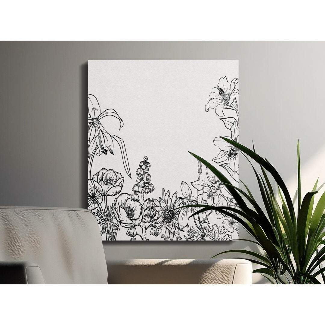 Floral Line Art Canvas Wall Art, Gallery Wrapped Matte Print, Ready to Hang, Archival Quality, Botanical DvÉ¬©cor, Black and White Flowers