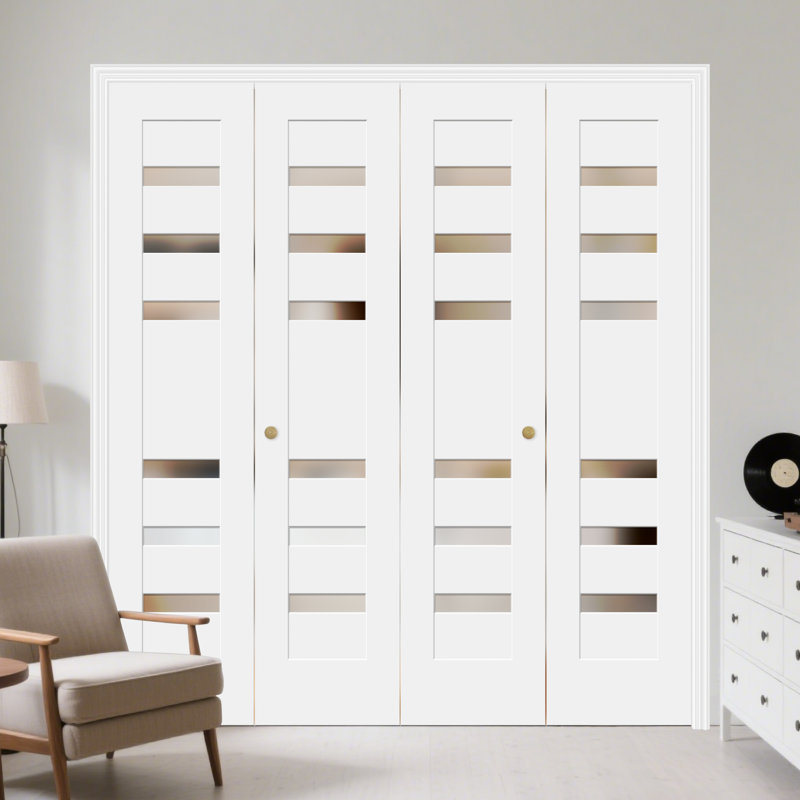 Petite porte pliante en bois manufacturé en verre massif givré de 79 po de hauteur 79 po avec quincaillerie d'installation pour une hauteur d'ouverture de porte de 80 po