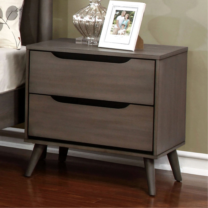 Bedroom Mid-Century Modern Grey Nightstand With Solid Wood And 2 Storage Tempt