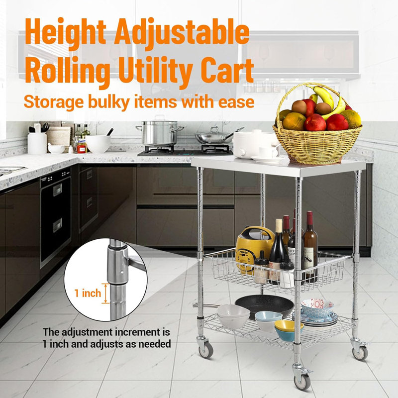 3 Tiers Wire Rolling Kitchen Utility Cart