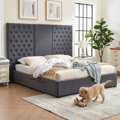 Extra-Tall Tufted Velvet Upholstered Platform Bed with Storage Drawers