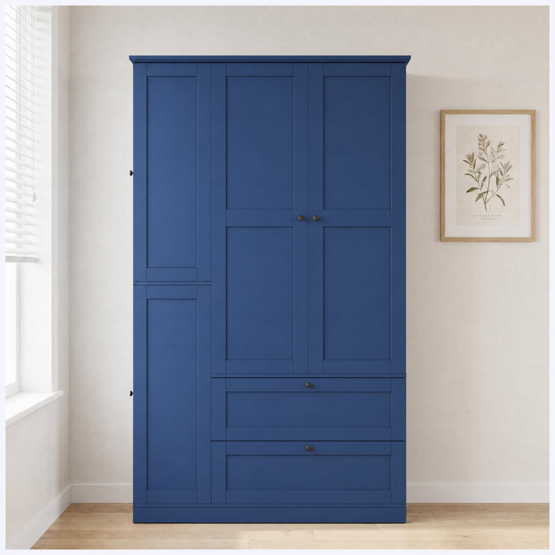 Grand garde-manger de style campagnard de 73,6 po, armoire de rangement autoportante bleue avec 7 tablettes, 2 tiroirs, 3 plateaux coulissants et armoires latérales pour la cuisine, la salle à manger