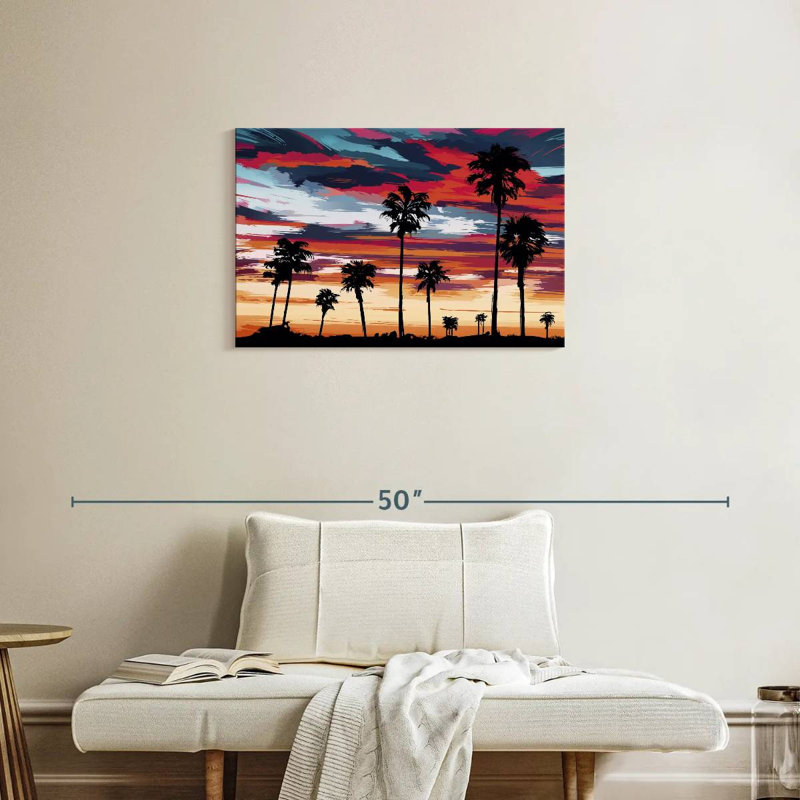 Silhouette de palmiers au coucher du soleil, H 20 po x l 30 po