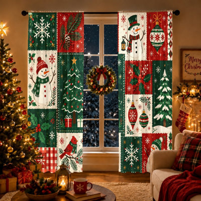2Pcs Christmas Snowman Tree Pattern Curtains Light Filtering Window Drapes for Living Room Bedroom Kitchen Home Decor