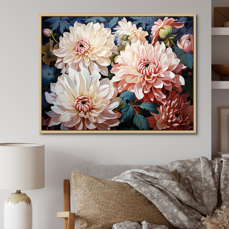 Chrysanthèmes rose et blanc collage I - décoration murale de chrysanthèmes, Cadre naturel flottant