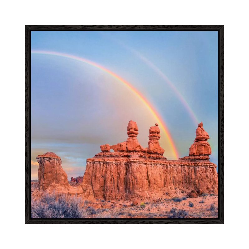 Rainbow Over Rock Formation Called The Three Judges, Goblin Valley State Park, Utah 1 Piece Wall Art on Canvas, Black Framed