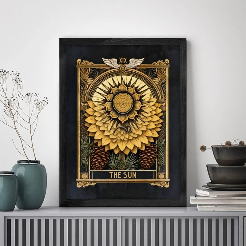 Art mural rétro noir encadré Tarot The Sun - Mystical Boho Spiritual Decor, H 37 po x l 25 po