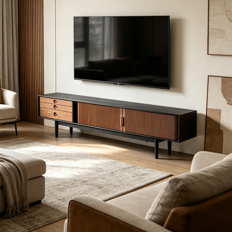 Meuble télé en bois Retro, Brun / Noir, H 23,62 po x L 78,74 po x l 15,74 po