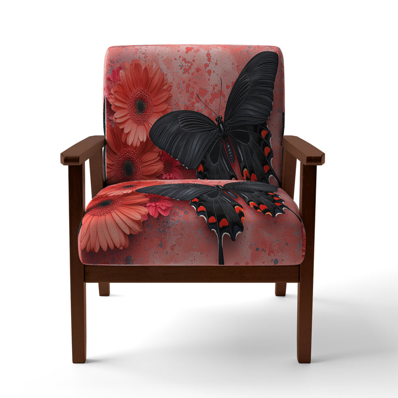 Magiera - Buttlerfly In Watercolor Painting - Velvet  Upholstered Floral Accent Arm Chair, Pink/Black, Brown