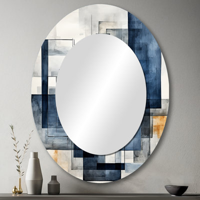 Indigo Illusion Abstract Shapes - Grand miroir mural ovale sur métal