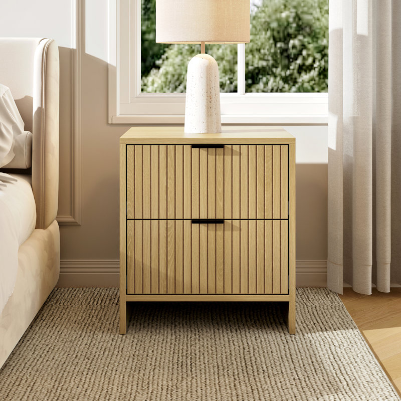 Table de chevet moderne avec 2 tiroirs, table de bout cannelée, table de chevet en bois pour salon, chambre à coucher, chêne naturel