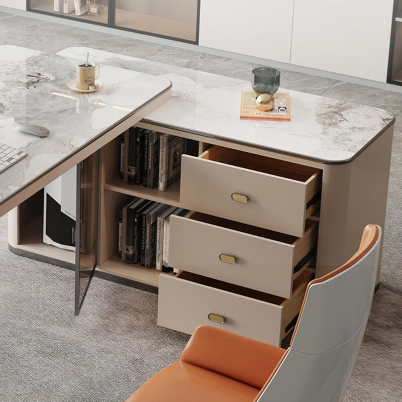 Bureau blanc / blanc + beige pierre rectangulaire + bois manufacturé avec 3 tiroirs, Retour à gauche