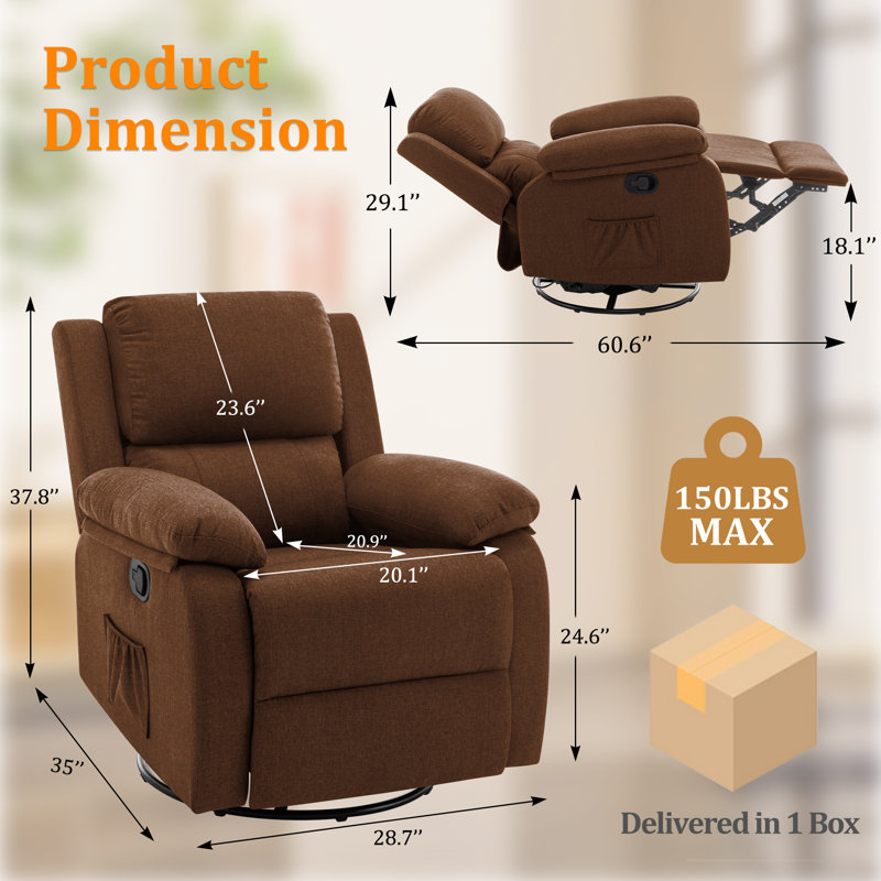 KORSER Recliner Chair, Manual Recliner, 360 Swivel Recliners For Small Spaces ,Rocker Recliner With Side Pockets, Brown