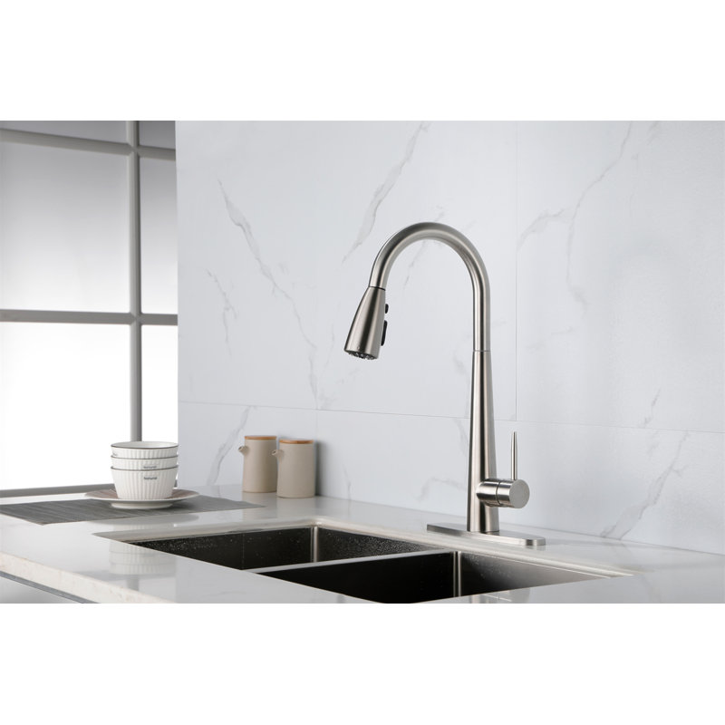 Kitchen Faucet With Pull Down Sprayer, High Arc Single Handle Kitchen Sink Faucet With Deck Plate, Commercial Modern Stainless Steel Kitchen Faucets