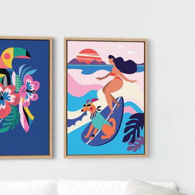 Mid Century Modern Surf Dog by Rachel Lee 3 Birdies Studio Framed Canvas Wall Art Print