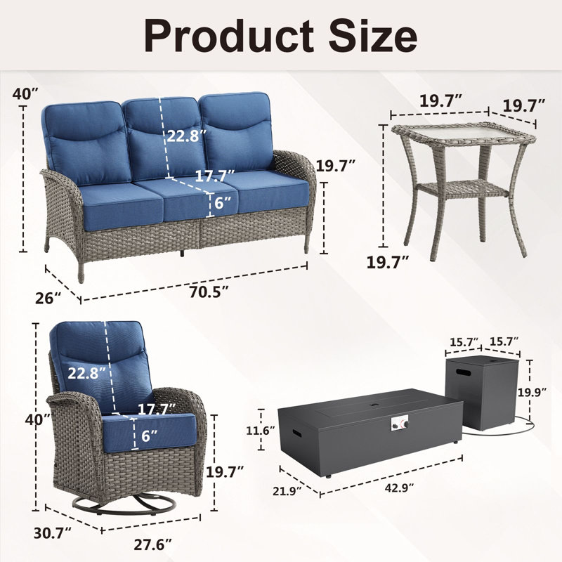 Ensemble de conversation pour foyer extérieur en osier 8 pièces avec canapé et chaises pivotantes 8 pièces, Bleu, Gris