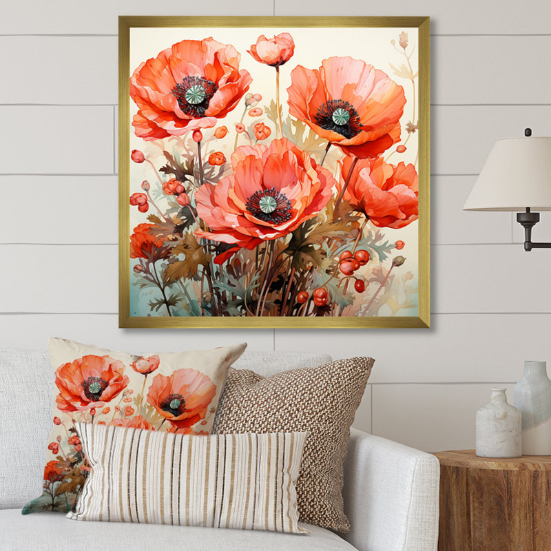 Red Serene Poppy Meadows I - Art mural coquelicot, H 16 po x l 16 po x P 1 po, Toile tendue