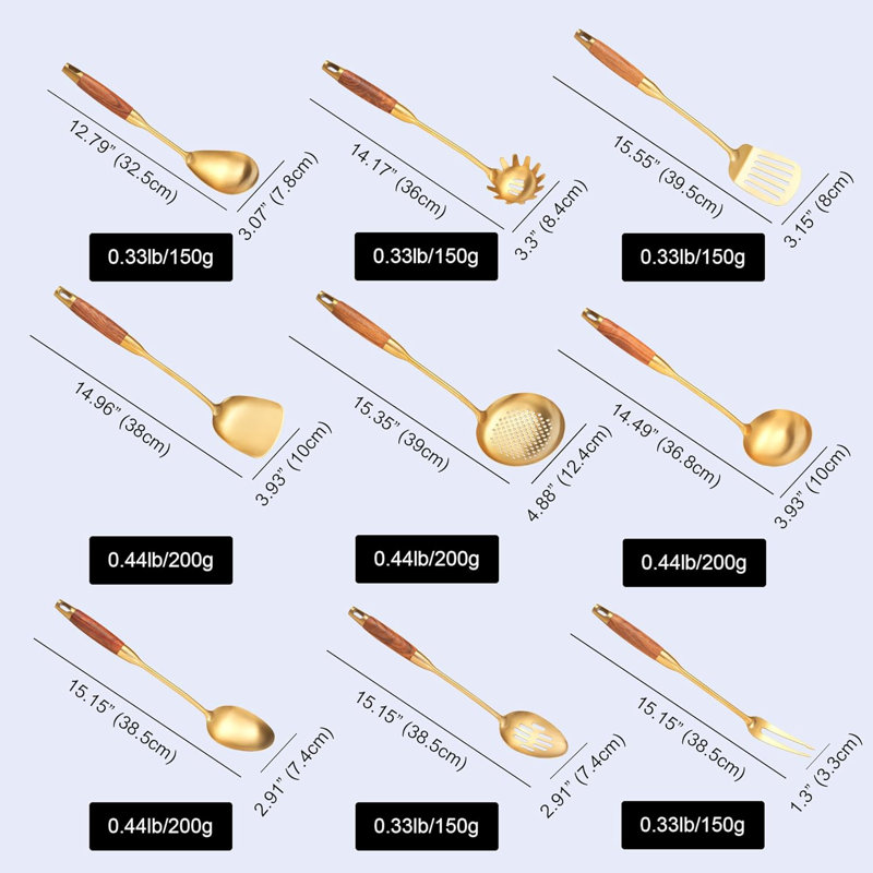 Ensemble 9 pièces d'ustensiles de cuisine dorés, 304 outils de cuisson en acier inoxydable avec poignées en bois, comprend une cuillère, une cuillère rainurée, une fourchette, une spatule, une louche, un écumoire, un tournevis plat, une cuillère ?