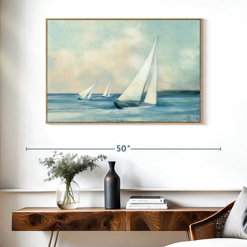 Voiliers au lever du soleil, Cadre flottant en bois naturel, 40 po x 27 po