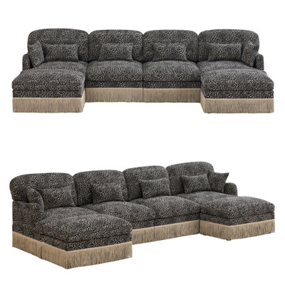 131" U-Shaped Leopard Print Chenille Sectional Sofa, 4-Seat with 2 Movable Ottomans, Delicate Tassel Edge, Ergonomic Deep Seat, Modern Fashion, Easy Assembly for Large Living Room