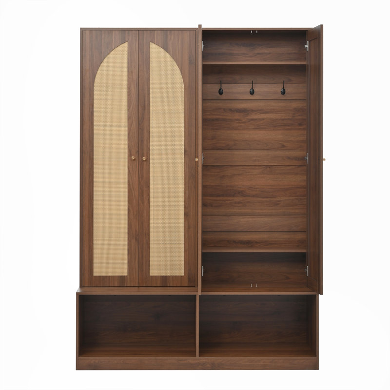 Farmhouse Hall Tree With Rattan Doors, Versatile 4-In-1 Seating Bench With 6 Hooks, Mid-Century Entryway Shoe Cabinet With Shelf For Living Room