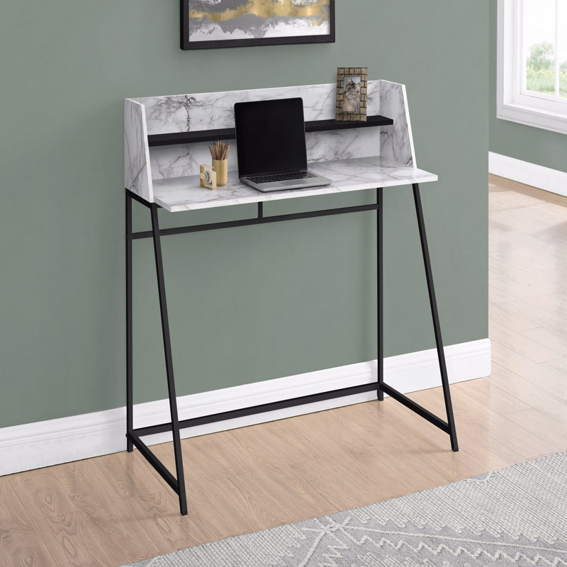 Bureau d'ordinateur, bureau personnel, ordinateur portable, tablettes de rangement, L 48 po, travail, stratifié aspect marbre blanc, métal noir, contemporain, moderne