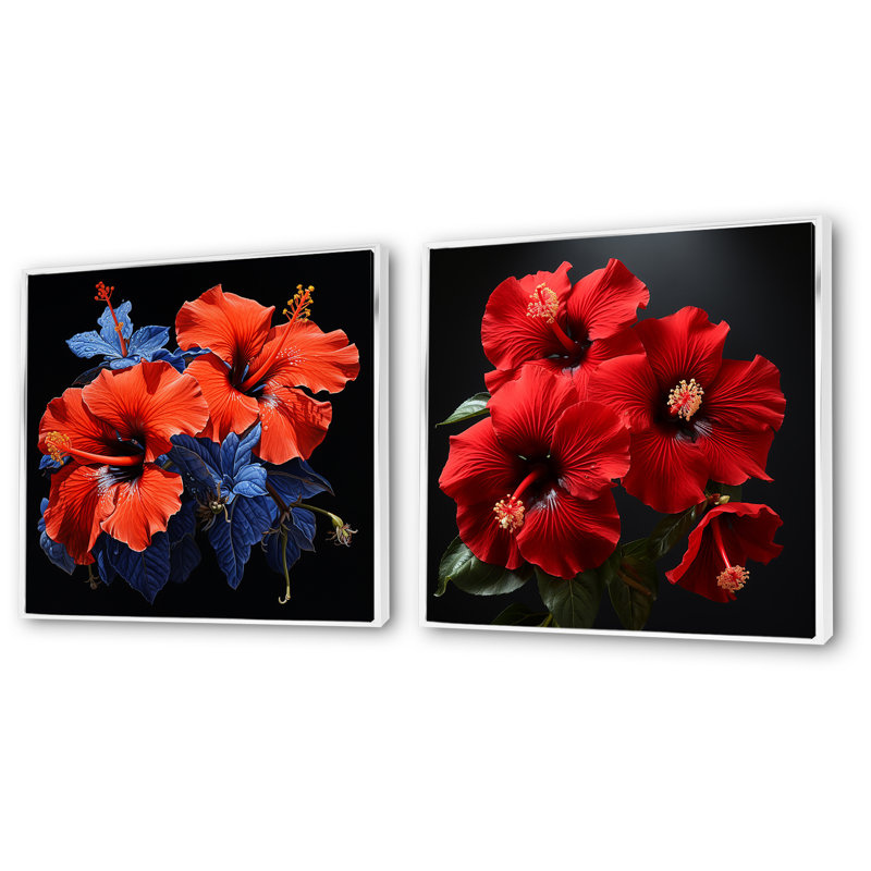 Ensemble de 2 décorations murales tropicales Hibiscus I - Hibiscus, Cadre flottant blanc, H 16 po x l 33 po x P 1 po